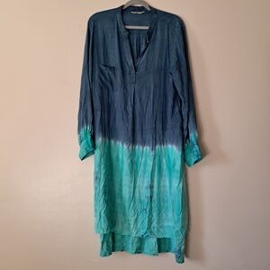 Soft Surroundings Ombre Dip Dye Tunic Dress Blue Green Hi Low Size L